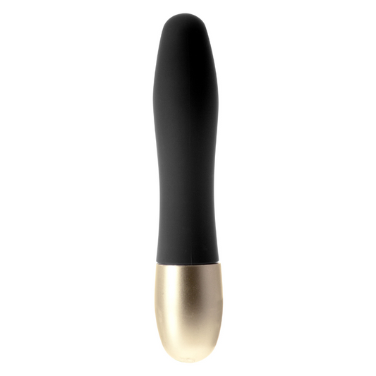 The Discretion Bullet Vibrator. SKU: 915-00600ABK2-AX. A small back, smooth textured bullet vibrator with a rounded tip and gold base. The shaft curves in slightly. 