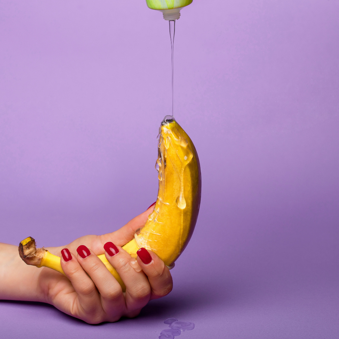 Free 250ml Bottle of water-based lubricant when you spend over £30 on anything on our site. Picture shows a feminine hand playfully pouring lube on a banana because we can't show the real thing.