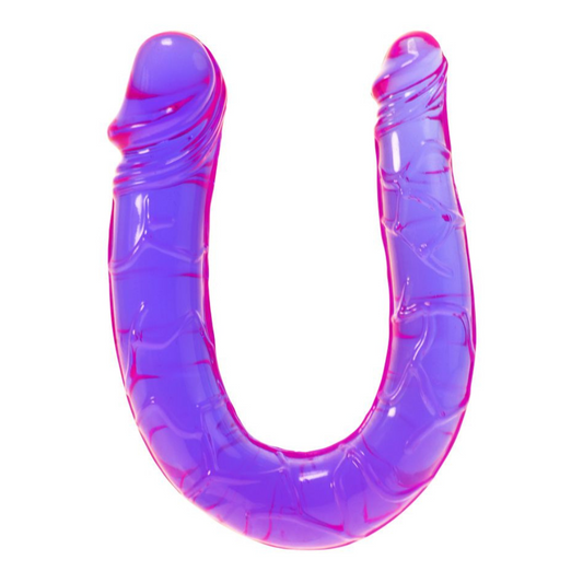  Mini double ended PVC jelly Dildo. SKU: F0090P90PTCS. Realistic double ended purple dong with one small bell end and one larger one. There are multiple ripples underneath the heads and the shaft has a thick veiny texture.
