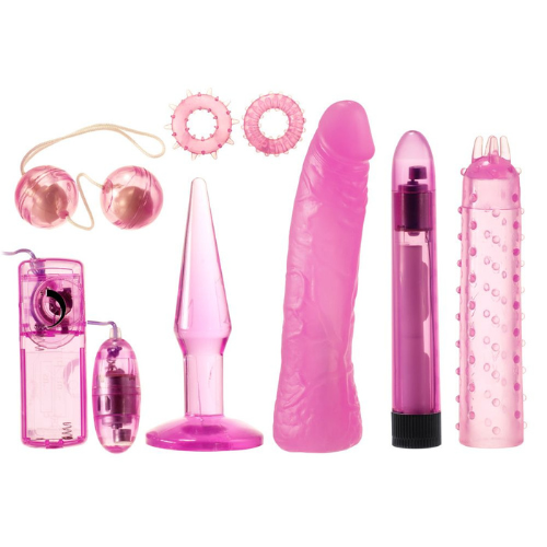 Mystic Night 8 Piece toy kit in pink. 1x Vibrator, 1x Dotted vibrator sleeve, 1x Set of rotating love balls, 1x Butt plug, 1x Realistic vibrator sleeve, 2x Cock rings, 1x Remote controlled vibrating love egg.