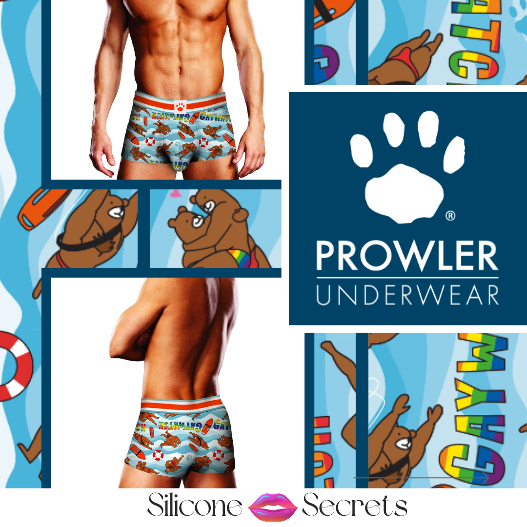 The Prowler Underwear Sale at Silicone Secrets. Featuring the Gaywatch Trunks and a closeup of the graphics. Buff bear lifeguards are living their best lives in the waves and the word 'Gaywatch' is mixed in there in big rainbow capital letters..