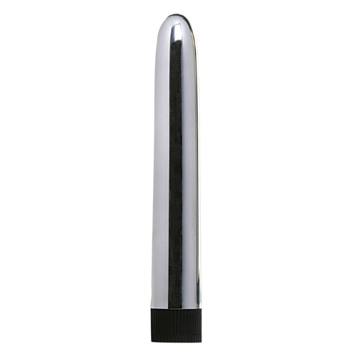 Sensuous Smooth Classic Vibrator. SKU Code: 6626S-BX. A long smooth vibrator with a shiny silver effect coating and a black twist base control