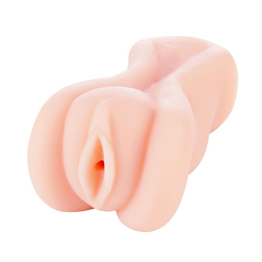 Slight side view of the Miss Mischa Deluxe Realistic Masturbator. It shows raised pussy lips and a tight 1cm entry hole. You can see more of the curve of the main body showing that it's ergonomic and easy to hold.