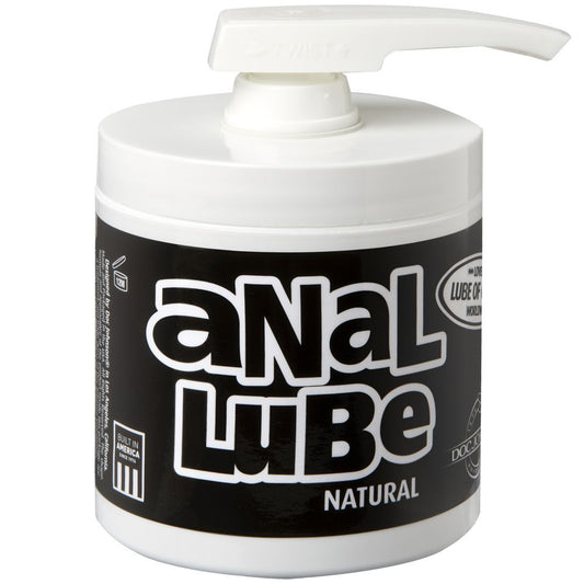 Doc Johnson Anal Lube - Natural Transparent formula in a pump dispenser bottle. The image shows the wide bottle of lube made from white plastic with a black label. The label says Anal Lube in big letters with the word Natural in capitals underneath. Built in America by Doc Johnson. It is the Lube Lovers Lube of the Year.