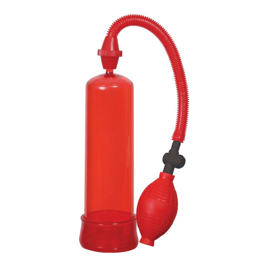 Pumped Up Fire Penis Pump. SKU Code: 16-14RD-BX. A Long fire engine red penis pump cylinder with attached bulb pump. There's a black quick release valve between the pump and the tube. There's a TPE seal on the base of the tube.