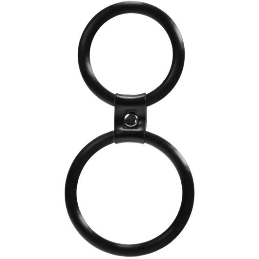 Dual Cock ring. SKU: 21-29BLK-BCD. A conjoined set of two black cock rings. Made from stretchy rubber and joined together with PVC. The top ring is 5 inches and the bottom ring is 6 inches.