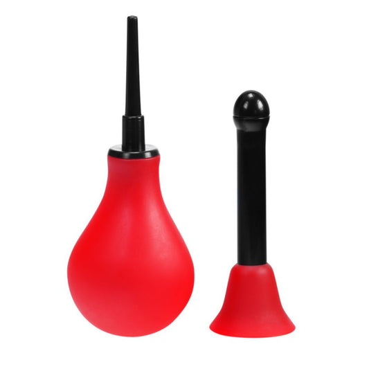 Whirling Anal Douche. A Red 200ml bulb douche with a thin black tip attached. Nexr to the douche shows a second tip which can be attached. The second tip has a larger round tip and allows for a radial spray of water for a deeper clean. The neck of the tube is also thicker to allow for more water to be transferred.