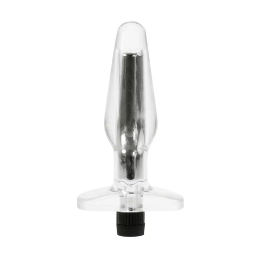 Aquavee Vibrating Butt Plug. SKU Code:  2K683CL-BCD. A 6 inch vibrating anal plug with a slight diamond shape that's wider near the base. It has a flared safety base and a screw on battery compartment in the base. It's transparent and you can see the silver vibrating compartment on the inside. The texture is smooth and the head is rounded.