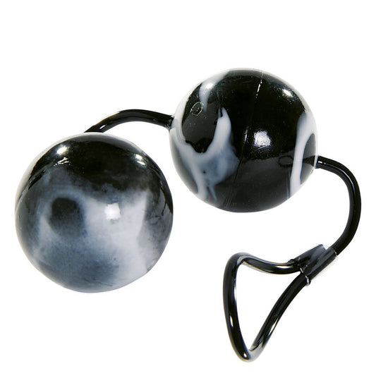 Jiggle Duo Love Balls. SKU Code:  2K839MBLK-BCD. Two marbled black balls on a pvc string with a finger loop.