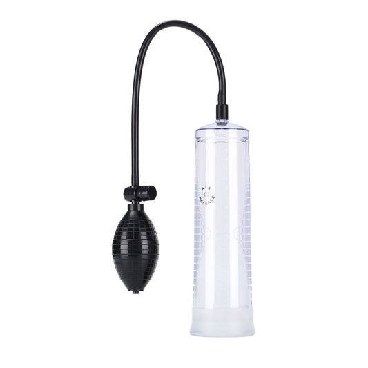 The Stallion Penis Pump. SKU: 310-BCD. A transparent cylinder penis pump with a black tube and black hand pump bulb. There is an air release hole in the cylinder.