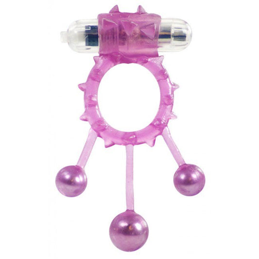 The Ball Banger Vibrating Cock Ring. SKU Code: 32006PU. A Stretchy purple rubber cock ring with a spikey external texture. It has a removable bullet in a spike covered sleeve on the top. It has three hanging metal balls on the base. These are covered in TPE and are designed to hit your ballsack when you thrust. The bullet has an on/off button on the side.