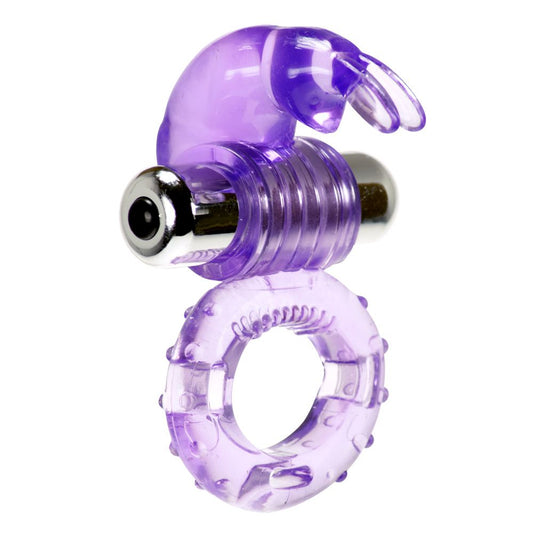 The Hopping Hare Vibrating Rabbit Cock Ring. SKU Code: 32007PU. A Stretchy, purple cock ring with an internal and externally textured ring. A bunny eared clitoral stimulator comes attached with a removable bullet vibrator.