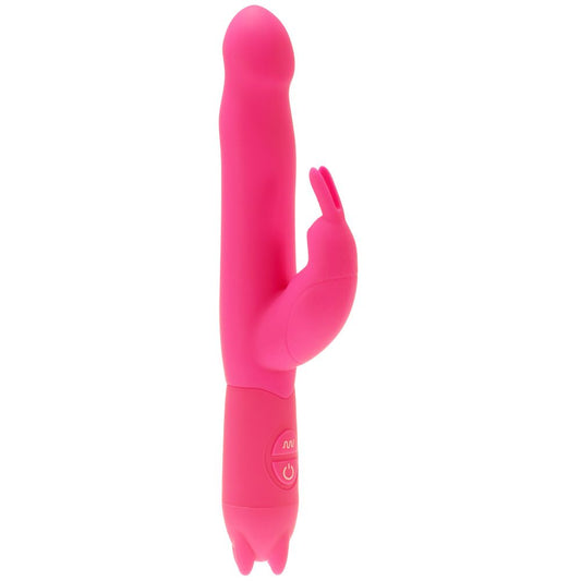 Me You Us Ultra Joy Rabbit Vibrator. SKU Code: 86002PK. A non-realistic virator with a slightly bulging tapered head and a classic dual eared rabbit clitoral stimulator attached. There are two buttons to control the vibrations and there are small nubs on the base to help it stand up. The texture is smooth and the colour is hot pink. 