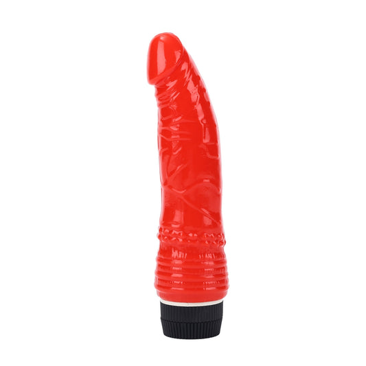 Spartan 6 Inch Realistic Vibrator. SKU Code: 894JR-BX. A bright red realisticly detailed PVC vibrator, with a tapered bulbous head and veiny shaft. There are textured nubs and ripples near the base for clitoral stimulation, and a twist base control with access to the battery compartment.