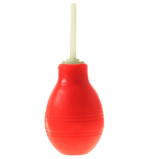 Glow in The Dark Anal Douche. SKU: 99078RD-BX. A PVC douche with a round red bulb and a thin glow in the dark tip. The bulb has several ridges around its middle to make it easier to grip.