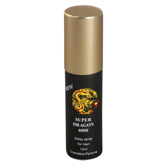 New Super Dragon 6000 Delay Spray for Men. 12ml. Labelled as Cosmetics Perfume. The spray is in a thin black cannister with a gold lid. There's a yellow chinese style dragon breathing fire on the label.