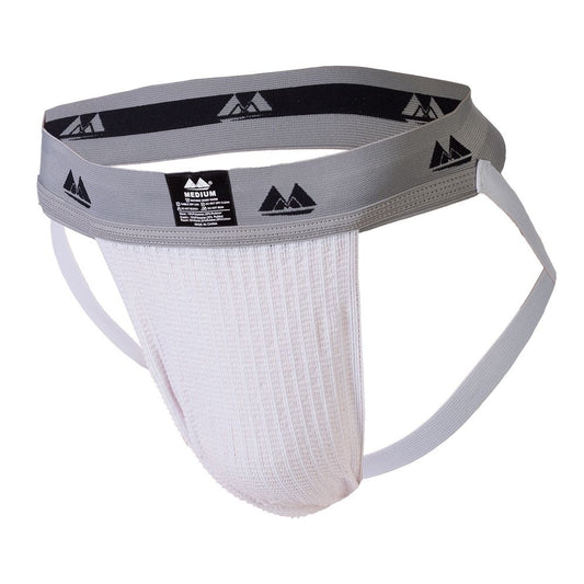 Mayer Marketing Original Edition 2 Jockstrap in white. SKU Code: BASP17-W. A classic sporting jock strap from Mayer Marketing. It has a thick two inch elasticated grey waistband with the company logo on it and the sizing label is sewn into the front of the band. There are 2 thick elasticated ass bands and a plain white pouch in a slight ribbed material.