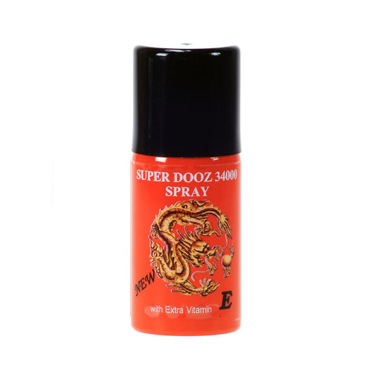 A cannister of Super Dooz 34000 Spray with extra Vitamin E. SKU: DS34000. A picture of a lidocaine based spray in a red bottle with a black lid. The bottle has a picture of a chinese style dragon on the front breathing a fire ball.