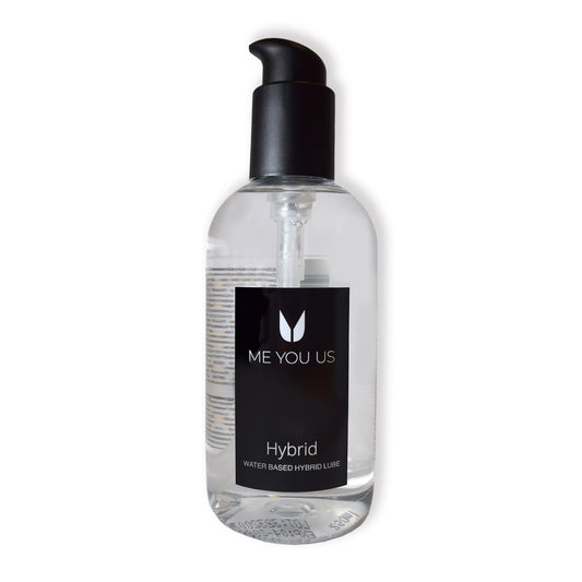A Bottle of Me You Us Hybrid Water-Based Lubricant. The image shows clear liquid intimate lubricant in a pump bottle, with a black lable. It has a simple design with no illustrations.