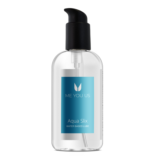 Me You Us Aqua Slix Water-Based Lube. 250ml. The image shows a transparent bottle of clear lube with a blue label and a black pump.