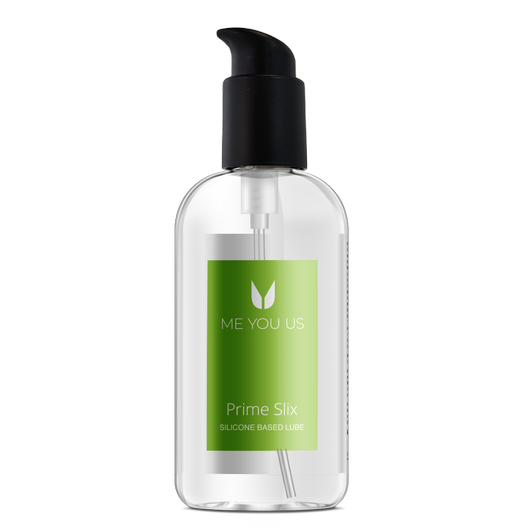 Me You Us Prime Slix Silicone Based Lube 250ml. The image shows a bottle of transparent lube with a smooth black pump action lid. It has a green label with the brand and product name on it. It has a discreet design with no illustrations.