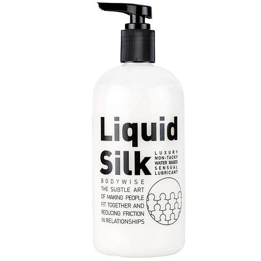 Liquid Silk Lubricant. SKU: LIQSILK250. Luxury Non-Tacky Water Based Sensual Lubricant. Bodywise, The subtle art of making people fit together and reducing friction in relationships. The image shows a white bottle with a black pump lid.