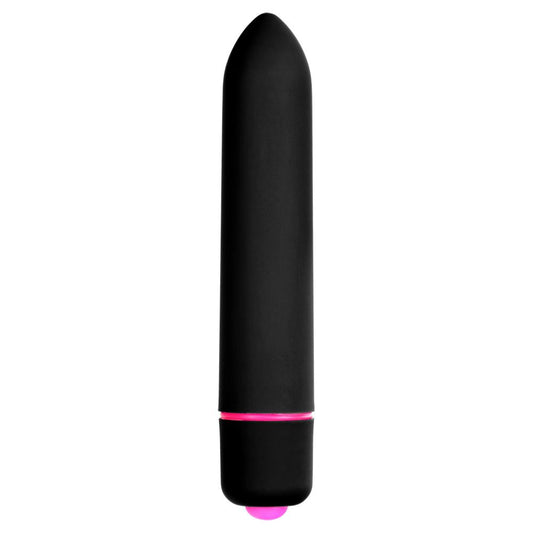 Blossom 10 Mode Bullet Vibrator. SKU Code: MX012PUR. Black vibrating silicone bullet with hot pink details.