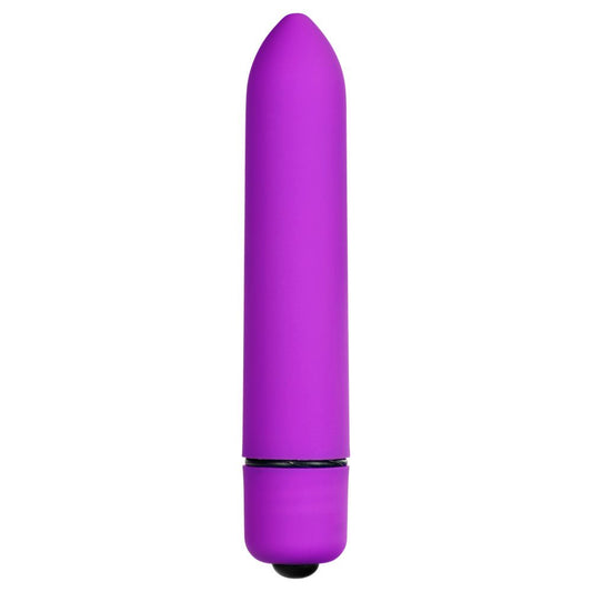 Blossom 10 Mode Bullet Vibrator. SKU Code: MX012PUR. Purple vibrating silicone bullet with black details.