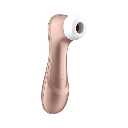 The Satisfyer Pro Gold Air Pulse Simulator. SKU Code: SATPRO2. A long handled gold coloured clitoral stimulator with a white rimmed nozzle end. It has an ergonomic, easy grip design for easy use.
