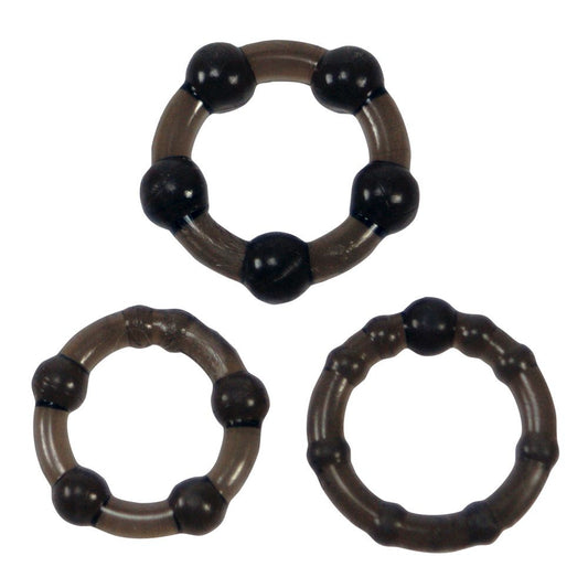 Easy Squeeze Cock Ring Set of 3 Cock Rings. SKU Code: SC05-251SMK-BCD.. Each cock ring has a different set of bumps and ridges. These 3 stretchy cock rings can be used to create a cock cage. Ring 1 has 5 large bumps. Rings 2 has 4 medium bumps and two ridges. Ring 3 has one large bump and 8 smaller ridges.