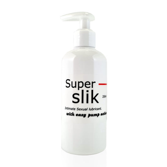 Super Slik 250ml SKU: SS250. A bottle of Super Slik Intimate Sexual Lubricant with easy pump action. 250ml. The bottle is white with black lettering and a thin red stripe around the middle. There is a pump nozzle on the top of the bottle.