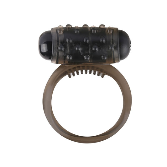 Classic Black Smoke Vibrating Cock Ring. SKU Code: 915-00100TBK1-CS. A stretchy black cock ring with a textured vibrating bullet on the top and textured nubs on the top inner ring.