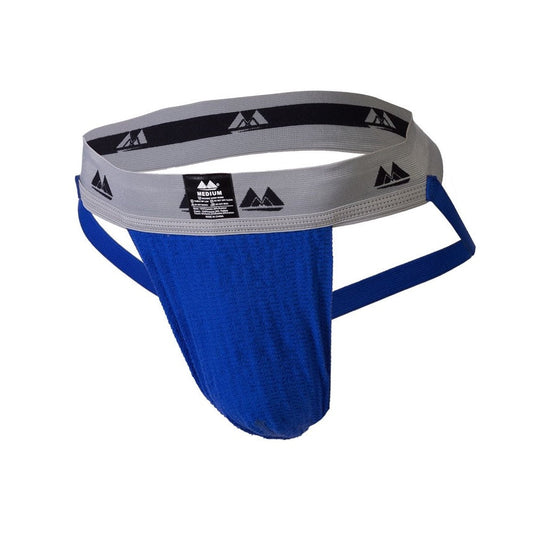 Mayer Marketing Original Edition 2 Jockstrap in royal blue. SKU Code: BASP17-RB. A classic sporting jock strap from Mayer Marketing. It has a thick two inch elasticated grey waistband with the company logo on it and the sizing label is sewn into the front of the band. There are 2 thick elasticated ass bands and a plain blue pouch in a slight ribbed material.