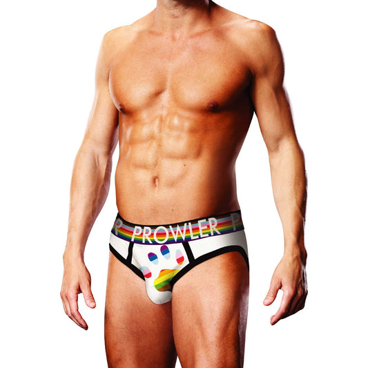 Prowler Oversized White Rainbow Paw Briefs. SKU: PR003-WHITEOVERSIZEDPAW. Available in sizes XS to XXL. The main base colour is white with black piping. There is a large rainbow paw design on the crotch and there's a thick rainbow Pride-style waistband with the word Prowler going round. 